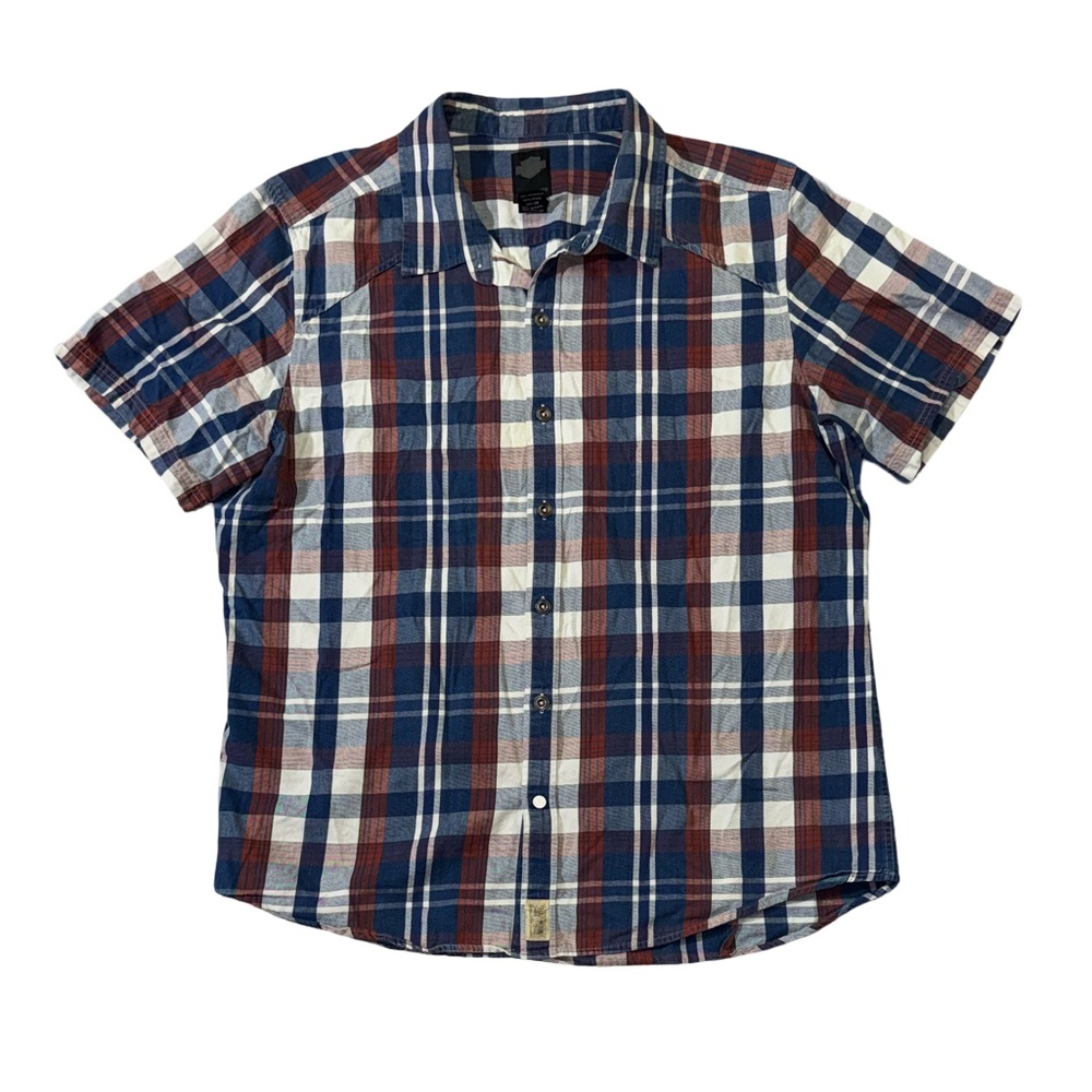 Harley Davidson mens XL blue plaid short sleeve button up casual shirt EUC